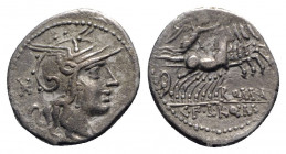 Q. Marcius, C. Fabius, and L. Roscius, Rome, 118-117 BC. AR Denarius (20.5mm, 3.84g, 6h). Helmeted head of Roma r. R/ Victory driving galloping quadri...