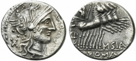 Q. Curtius and M. Sergius Silus, Rome, 116-115 BC. AR Denarius (18mm, 3.82g, 3h). Helmeted head of Roma r. R/ Jupiter driving galloping quadriga r., h...