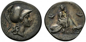 Anonymous, Rome, 115-114 BC. AR Denarius (20mm, 3.87g, 6h). Helmeted head of Roma r. R/ Roma seated r. on pile of shields, holding spear; birds in fli...