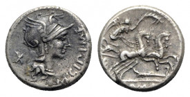 M. Cipius M.f., Rome, 115-114 BC. AR Denarius (16mm, 3.84g, 2h). Helmeted head of Roma r. R/ Victory driving galloping biga r., holding reins and palm...