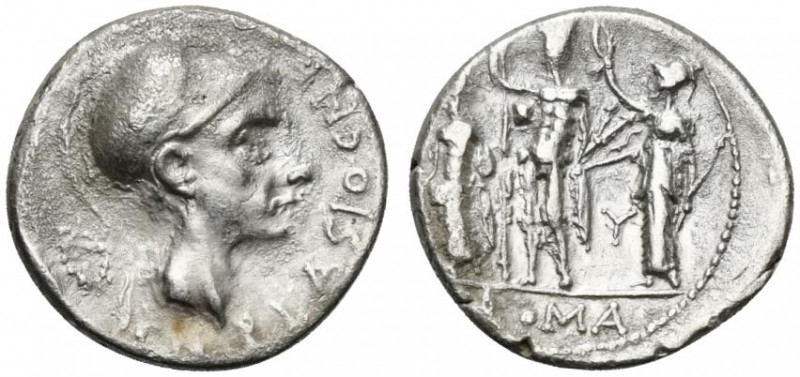 Cn. Blasio Cn.f., Rome, 112-111 BC. AR Denarius (19mm, 3.82g, 6h). Helmeted head...