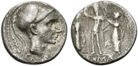 Cn. Blasio Cn.f., Rome, 112-111 BC. AR Denarius (16mm, 3.94g, 6h). Helmeted head of Mars r.; branch behind. R/ Jupiter standing facing, holding sceptr...