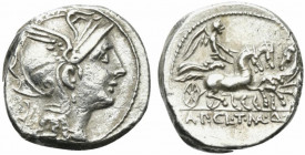 Appius Claudius Pulcher, T. Manlius Mancius and Q. Urbinius, Rome, 111-110 BC. AR Denarius (15mm, 3.92g, 9h). Helmeted head of Roma r.; quadrangular d...