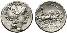 Appius Claudius Pulcher, T. Manlius Mancius and Q. Urbinius, Rome, 111-110 BC. AR Denarius (15mm, 3.95g, 11h). Helmeted head of Roma r.; quadrangular ...