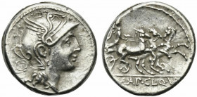 Appius Claudius Pulcher, T. Manlius Mancius and Q. Urbinius, Rome, 111-110 BC. AR Denarius (15mm, 4.00g, 6h). Helmeted head of Roma r.; quadrangular d...