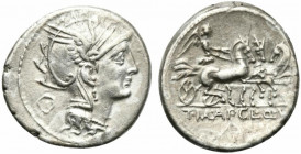 Appius Claudius Pulcher, T. Manlius Mancius and Q. Urbinius, Rome, 111-110 BC. AR Denarius (16mm, 3.74g, 3h). Helmeted head of Roma r.; quadrangular d...