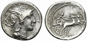 C. Claudius Pulcher, Rome, 111-110 BC. AR Denarius (16mm, 3.94g, 6h). Helmeted head of Roma r.; circular device on helmet. R/ Victory driving biga r. ...