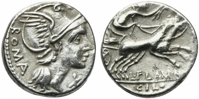 L. Flaminius Chilo, Rome, 109-108 BC. AR Denarius (15mm, 3.93g, 5h). Helmeted he...