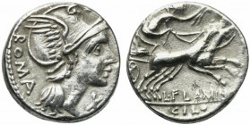 L. Flaminius Chilo, Rome, 109-108 BC. AR Denarius (15mm, 3.93g, 5h). Helmeted head of Roma r. R/ Victory driving biga r. Crawford 302/1; RBW 1144; RSC...