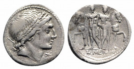 L. Memmius, Rome, 109-108 BC. AR Denarius (21mm, 3.82g, 9h). Male head r., wearing oak wreath. R/ The Dioscuri standing facing before their horses, ea...