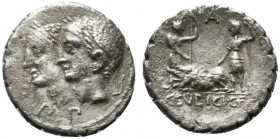 C. Sulpicius C.f. Galba, Rome, 106 BC. AR Serrate Denarius (16mm, 3.87g, 11h). Jugate and laureate heads of Dei Penates l. R/ Two male figures standin...