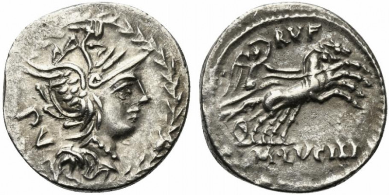 M. Lucilius Rufus, Rome, 101 BC. AR Denarius (18mm, 4.05g, 6h). Helmeted head of...