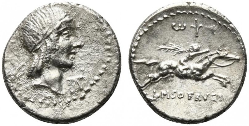 L. Calpurnius Piso Frugi, Rome, 90 BC. AR Denarius (15mm, 3.84g, 6h). Laureate h...