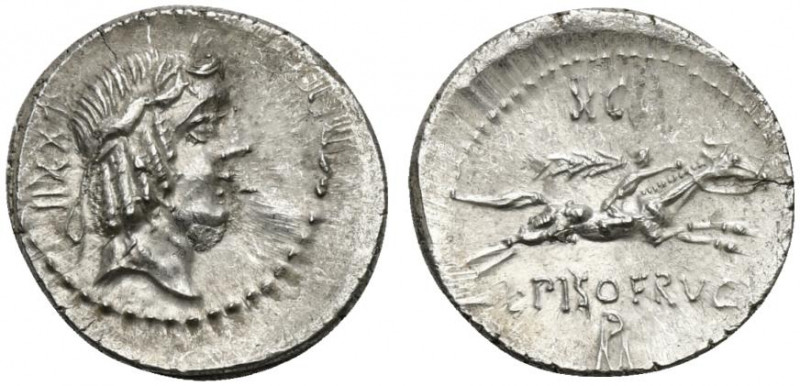 L. Calpurnius Piso Frugi, Rome, 90 BC. AR Denarius (20mm, 3.99g, 9h). Laureate h...