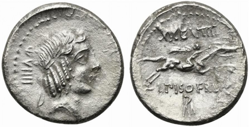 L. Calpurnius Piso Frugi, Rome, 90 BC. AR Denarius (18mm, 3.81g, 8h). Laureate h...