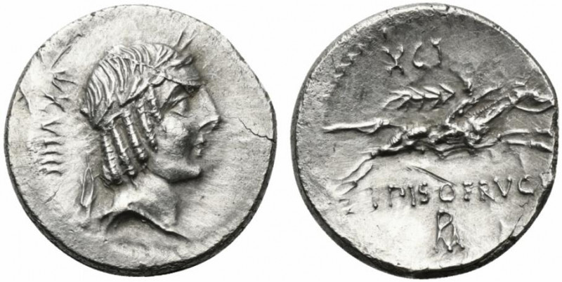 L. Calpurnius Piso Frugi, Rome, 90 BC. AR Denarius (17mm, 3.99g, 6h). Laureate h...