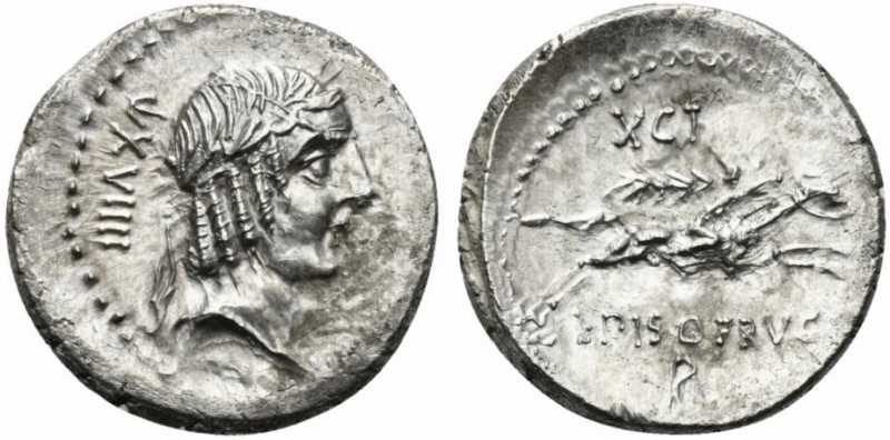 L. Calpurnius Piso Frugi, Rome, 90 BC. AR Denarius (17mm, 3.83g, 3h). Laureate h...