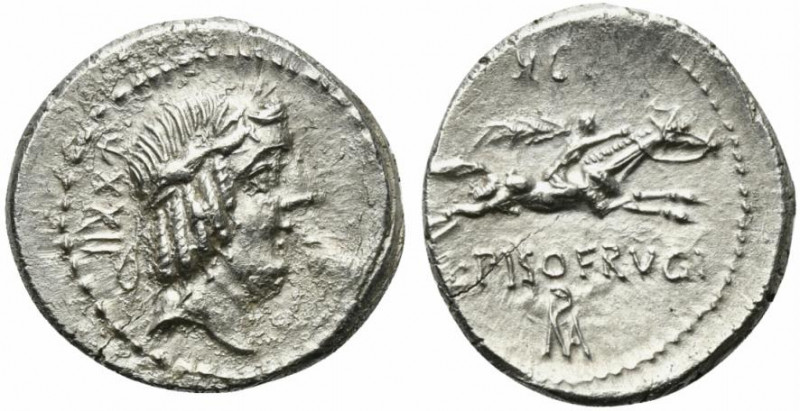 L. Calpurnius Piso Frugi, Rome, 90 BC. AR Denarius (18mm, 3.77g, 9h). Laureate h...