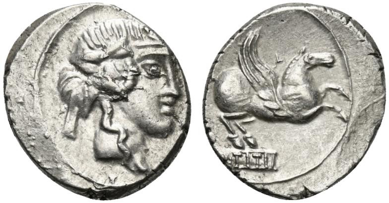 Q. Titius, Rome, 90 BC. AR Denarius (18mm, 3.96g, 12h). Head of young Bacchus r....