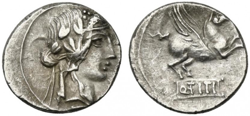 Q. Titius, Rome, 90 BC. AR Denarius (16mm, 4.07g, 6h). Head of young Bacchus r.,...