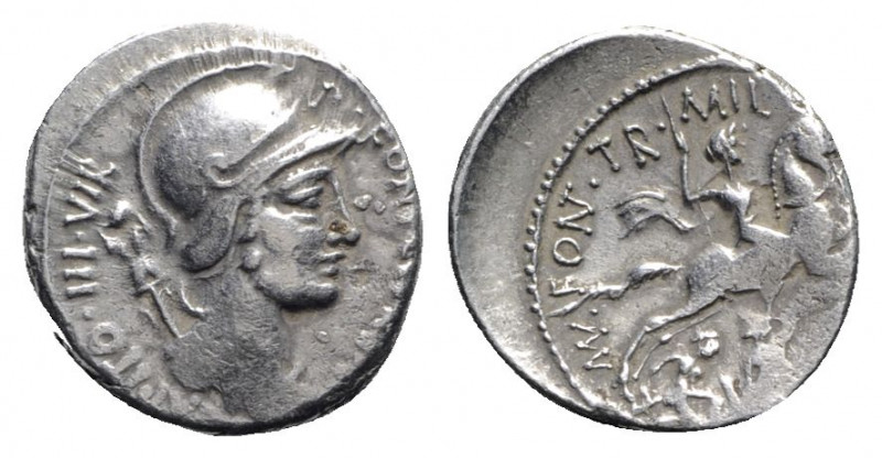 P. Fonteius P.f. Capito, Rome, 55 BC. AR Denarius (18mm, 4.14g, 1h). Helmeted an...