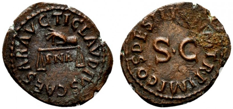 Claudius (41-54). Æ Quadrans (14mm, 2.69g, 6h). Rome, AD 41. Hand l., holding sc...