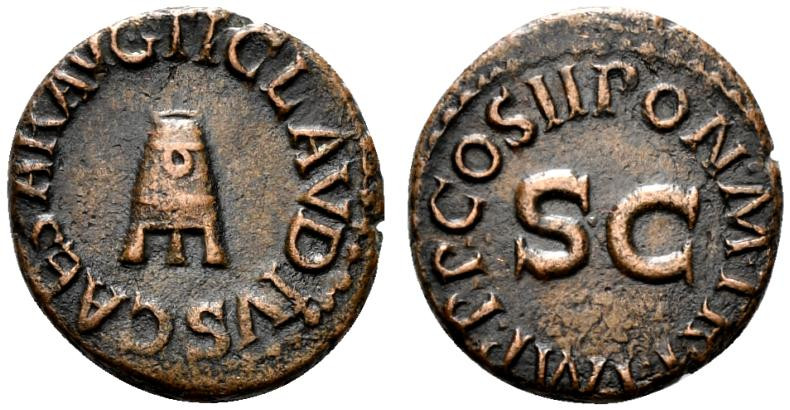 Claudius (41-54). Æ Quadrans (15mm, 3.50g, 6h). Rome, AD 41. Three-legged modius...