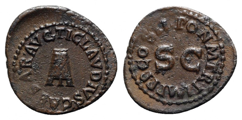 Claudius (41-54). Æ Quadrans (21mm, 2.78g, 6h). Rome, AD 41. Three-legged modius...