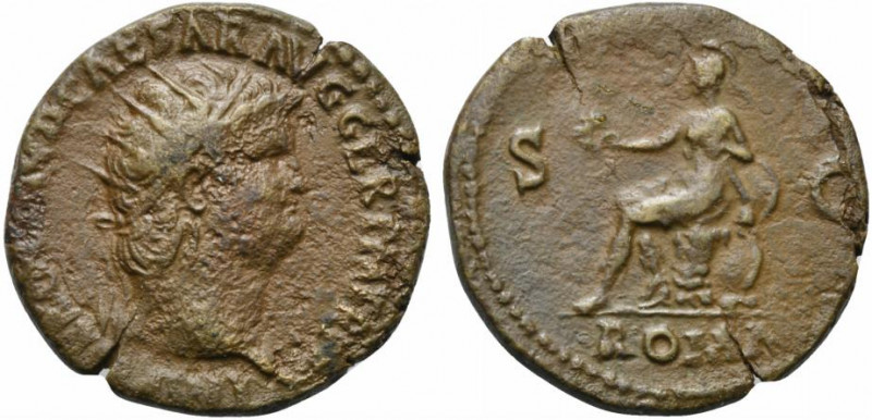 Nero (54-68). Æ Dupondius (25mm, 11.90g, 6h). Rome, c. AD 66. Radiate head r. R/...