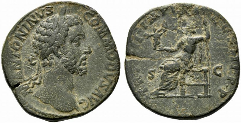 Commodus (177-192). Æ Sestertius (32mm, 23.81g, 6h). Rome, AD 183. Laureate head...