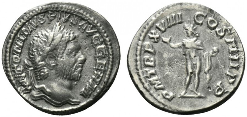 Caracalla (198-217). AR Denarius (18mm, 2.34g, 6h). Rome, AD 215. Laureate head ...