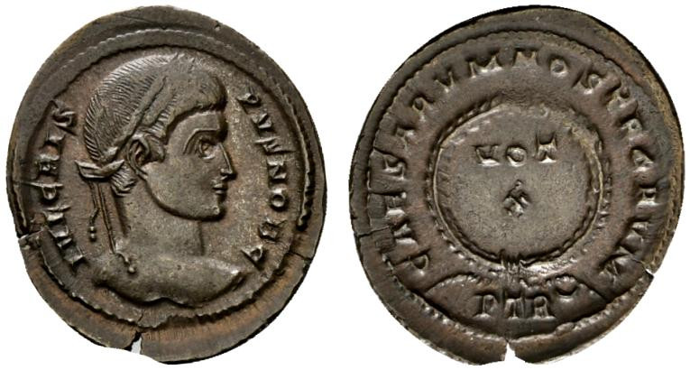 Crispus (Caesar, 316-326). Æ Follis (22mm, 2.74g, 11h). Treveri, 323-4. Laureate...