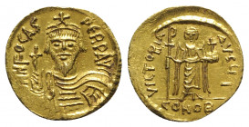 Phocas (602-610). AV Solidus (21mm, 4.47g, 7h) Constantinople, 607-609. Crowned, draped and cuirassed facing bust, holding cross. R/ Angel standing fa...