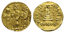 Heraclius with Heraclius Constantine and Heraclonas (610-641). AV Solidus (19mm, 4.48g, 6h). Constantinople, year 10 (636/7). Heraclonas, Heraclius an...