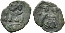 Heraclius (610-641). Æ 40 Nummi (27mm, 7.17g, 6h). Syracuse, 632-641. Countermarked: crowned facing busts of Heraclius and Heraclius Constantine; cros...