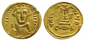 Constans II (641-668). AV Solidus (21mm, 4.46g, 6h). Constantinople, year 6 (647/8). Crowned and draped facing bust, wearing short beard, holding glob...