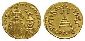Constans II (641-668). AV Solidus (20mm, 4.49g, 6h). Constantinople, 654-659. Crowned busts of Constans and Constantine facing, both wearing chlamys; ...