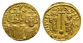 Constans II with Constantine IV, Heraclius and Tiberius (641-668). AV Solidus (19mm, 4.43g, 6h). Constantinople, c. 659-661. Crowned and draped facing...