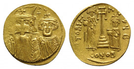 Constans II (641-668). AV Solidus (20mm, 4.46g, 6h). Constantinople, 662-667. Draped facing busts of Constans II, wearing plumed helmet, and Constanti...