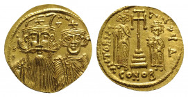 Constans II (641-668). AV Solidus (20mm, 4.48g, 6h). Constantinople, 662-667. Draped facing busts of Constans II, wearing plumed helmet, and Constanti...