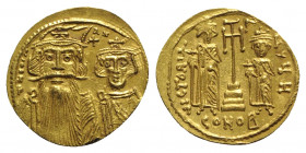 Constans II (641-668). AV Solidus (21mm, 4.45g, 6h). Constantinople, 662-667. Draped facing busts of Constans II, wearing plumed helmet, and Constanti...