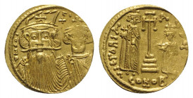 Constans II (641-668). AV Solidus (19mm, 4.48g, 6h). Constantinople, 662-667. Draped facing busts of Constans II, wearing plumed helmet, and Constanti...