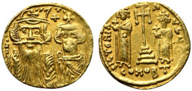 Constans II with Constantine IV, Heraclius and Tiberius (641-668). AV Solidus (17mm, 4.48g, 6h). Constantinople, c. 661-663. Crowned and draped busts ...