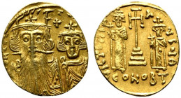 Constans II with Constantine IV, Heraclius and Tiberius (641-668). AV Solidus (18mm, 4.49g, 6h). Constantinople, c. 661-663. Crowned and draped busts ...