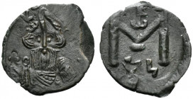 Constans II (641-668). Æ 40 Nummi (20mm, 3.24g, 6h). Syracuse, 650-651. Crowned and draped facing bust, holding globus cruciger. R/ Large M; monogram ...