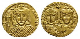 Constantine V with Leo IV and Leo III (741-775). AV Solidus (19mm, 4.44g, 6h). Constantinople, 764-773. Crowned and draped busts of Constantine V and ...