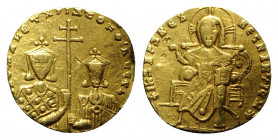 Constantine VII Porphyrogenitus with Romanus I and Christopher (913-959). AV Solidus (18mm, 3.95g, 6h). Constantinople, 924-931. Christ Pantokrator se...