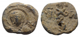 Byzantine Pb Seal, c. 7th-12th century (16mm, 6.63g). Facing bust of Theotokos. R/ Cruciform monogram. Near VF