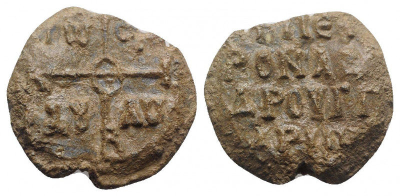 Byzantine Pb Seal, c. 7th-12th century (26.5mm, 14.89g). Cruciform monogram. R/ ...