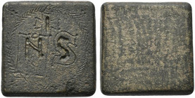 Byzantine Æ Ounce Square Commercial Weight, 5th-7th centuries AD (19mm, 26.36g). Engraved NS, cross above; all within wreath. R/ Blank. Cf. Bendall 95...